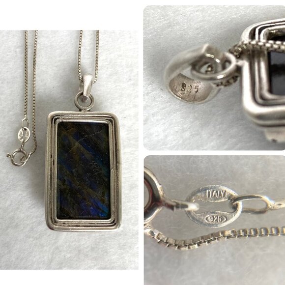 Sterling Silver 925 Bezel Set Blue Flash Labradorite Pendant Necklace 18" Chain - Picture 8 of 16
